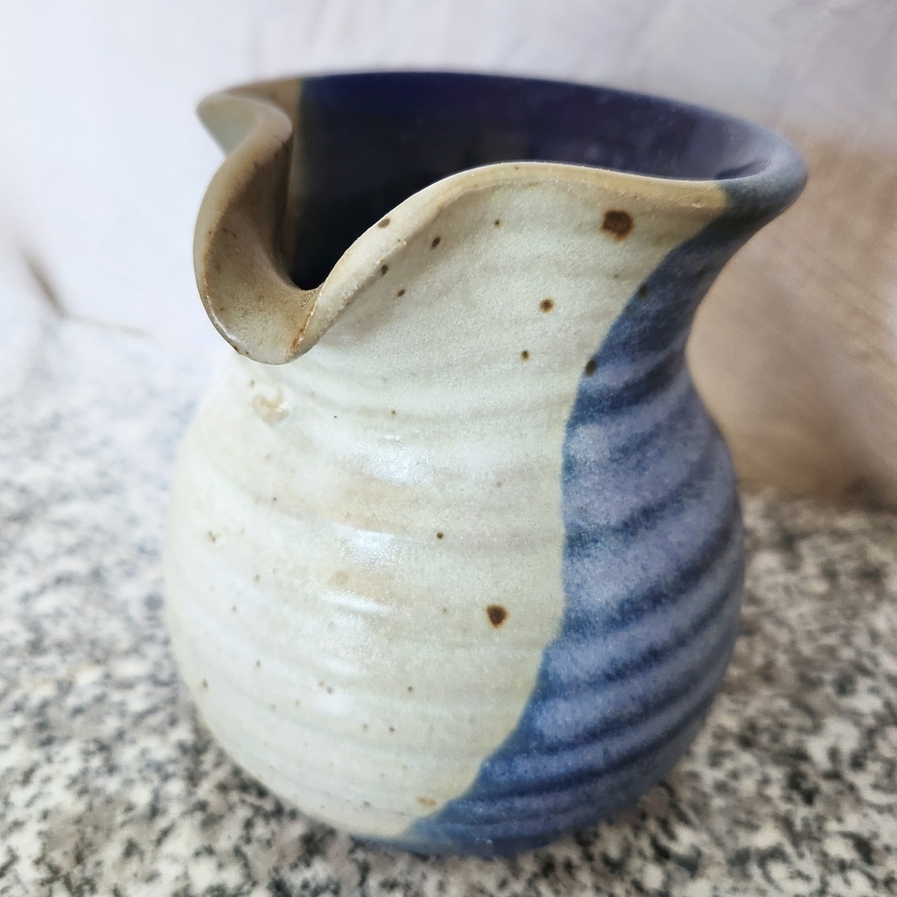 Vintage Hand Thrown Signed Pottery Blue & Grey Mini Pitcher / Creamer - Picture 2 of 6